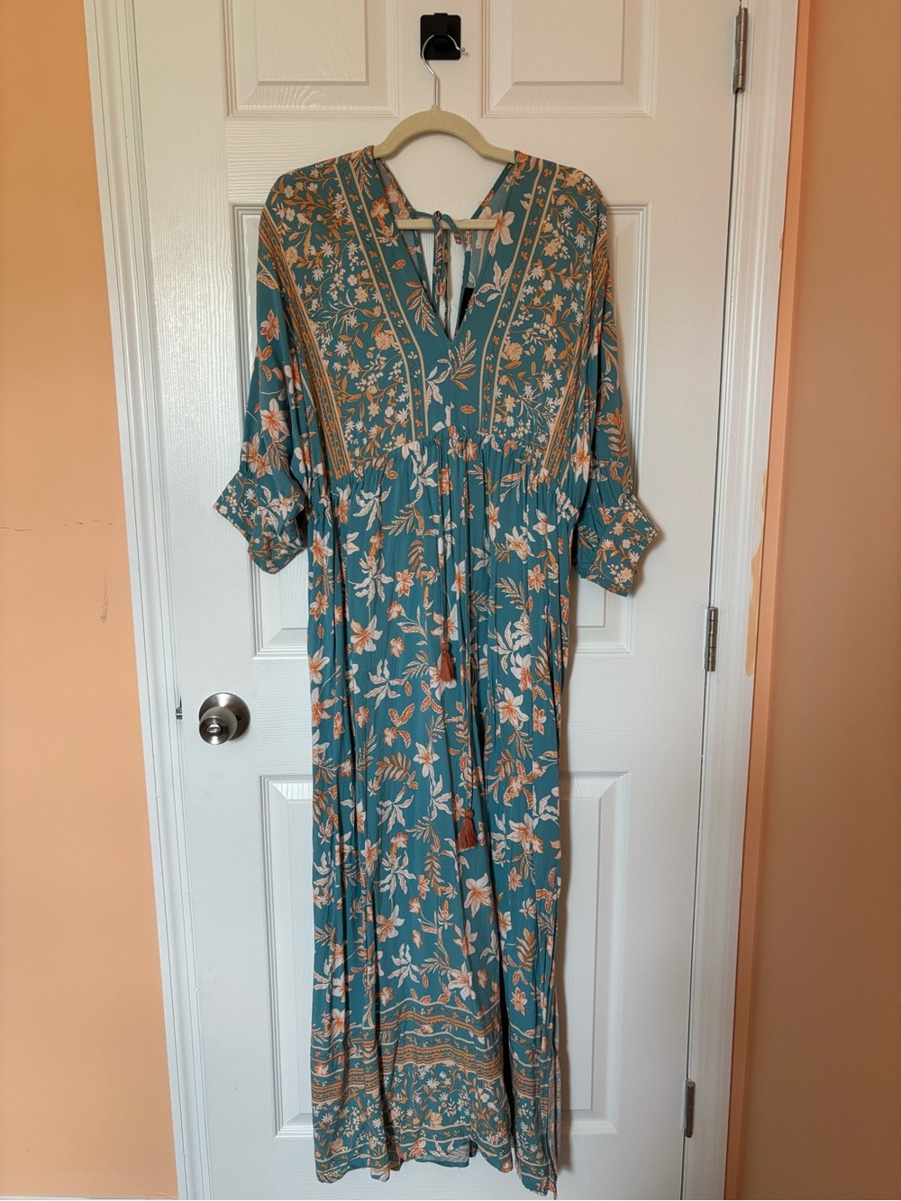 Teal Floral Maxi Dress with Tie Back
